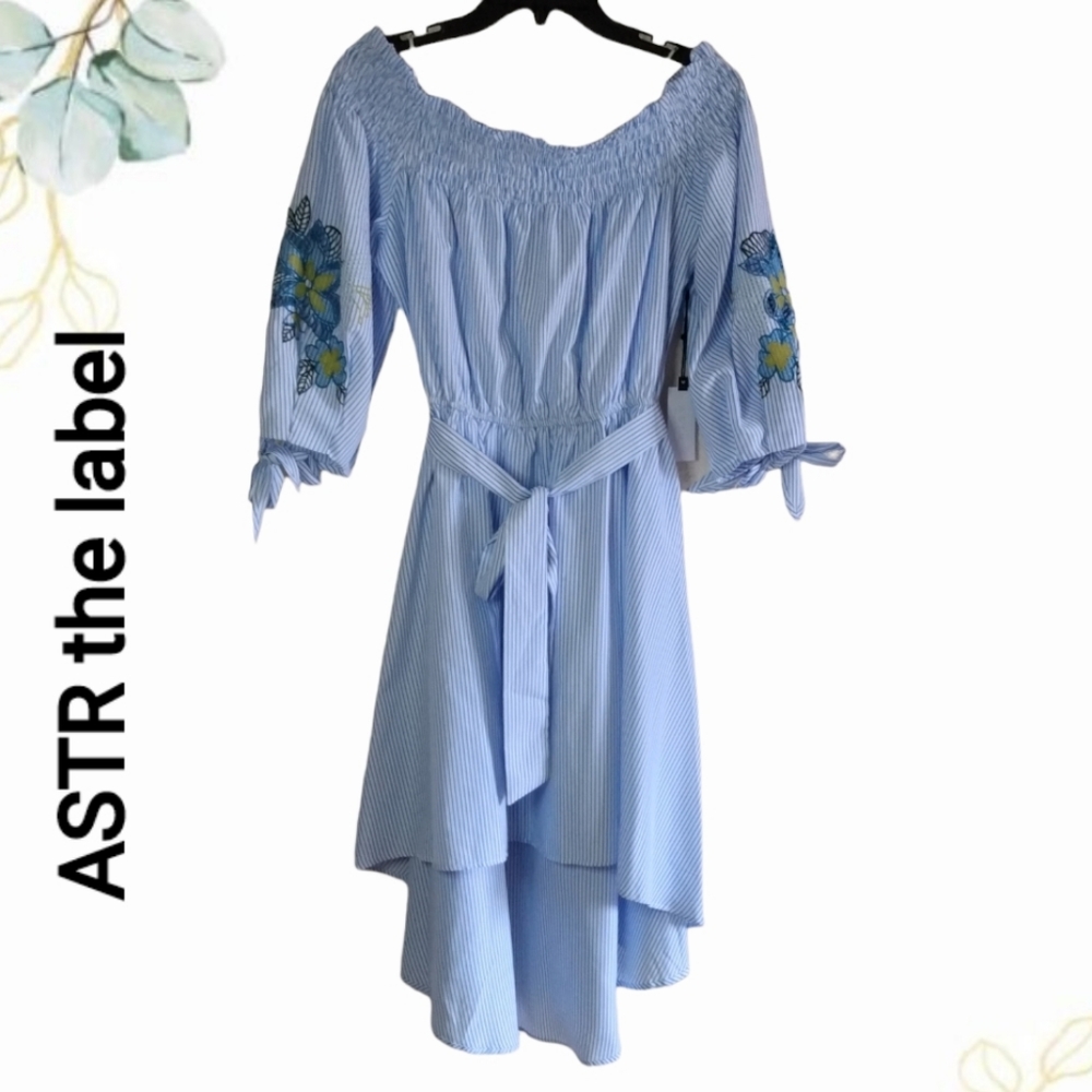 Astr Blue Striped Off-Shoulder High-Low Dress with Floral Sleeves